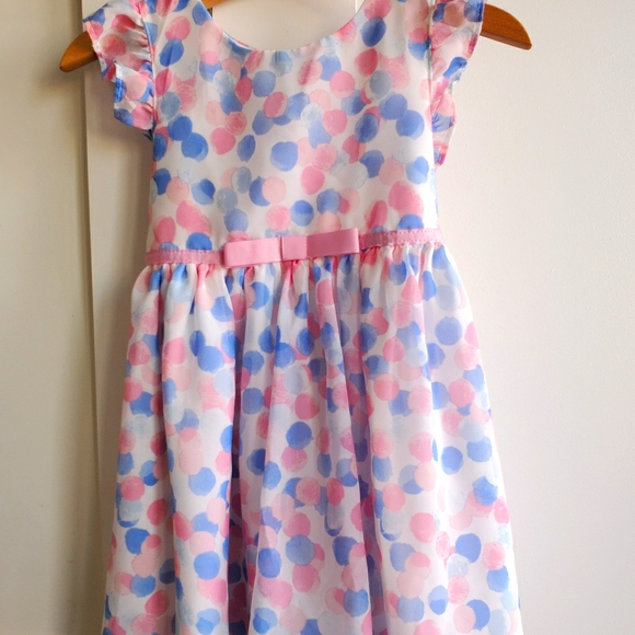 Girls Pink and Blue Polka Dot Dress & Denim Jacket - Picture 1 of 6